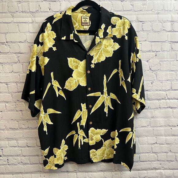 Tommy Bahama Black Yellow Floral 100% Silk Tropical Button Down Shirt Size XL - Picture 1 of 8